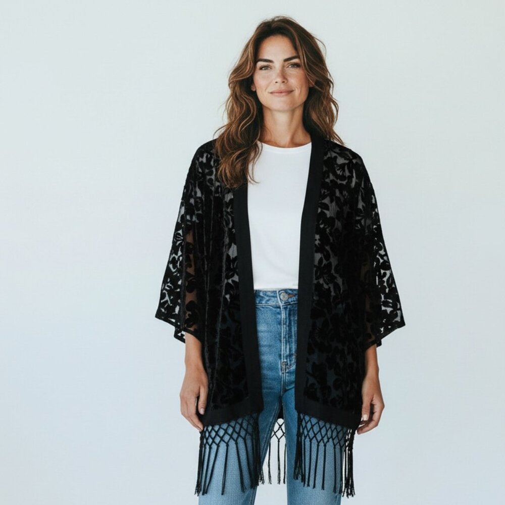 Black Velvet and Sheer Lace Fringed Vest Size Large Flying Tomato Whimsy Goth